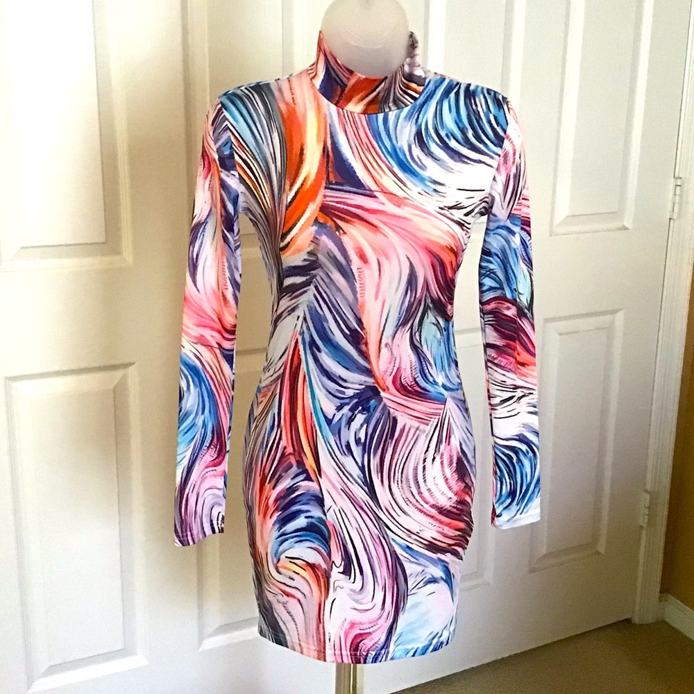 Women’s Multi Color Long Sleeve Bodycon Dress Party Costume Short Mini Sz Small